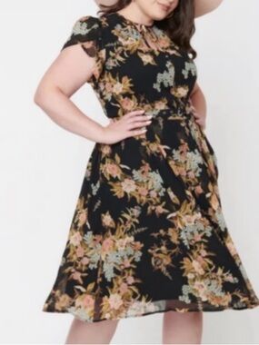 Unique Vintage Black Floral with Pink & Light Blue Blooms Midi Dress
